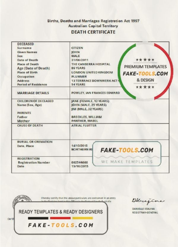 Australia Australian Capital Territory death certificate template in Word format