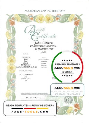 Australia Australian Capital Territory decorative (commemorative) birth certificate template in PSD format