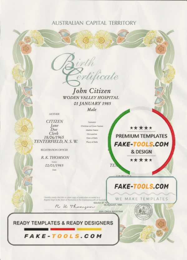 Australia Australian Capital Territory decorative (commemorative) birth certificate template in PSD format