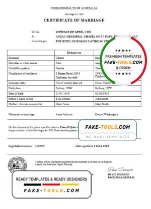 Australia Australian Capital Territory marriage certificate template in Word format