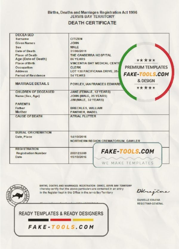 Australia Jervis Bay Territory death certificate template in Word format