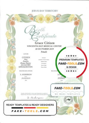Australia Jervis Bay Territory decorative birth certificate template in PSD format, fully editable