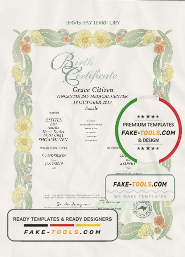 Australia Jervis Bay Territory decorative birth certificate template in PSD format, fully editable