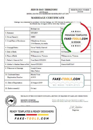 Australia Jervis Bay Territory marriage certificate template in Word format