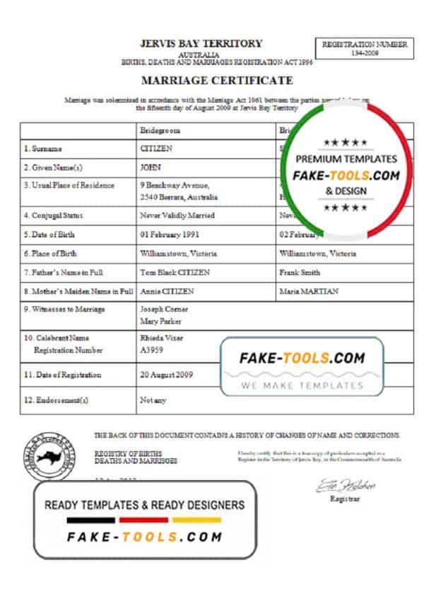 Australia Jervis Bay Territory marriage certificate template in Word format