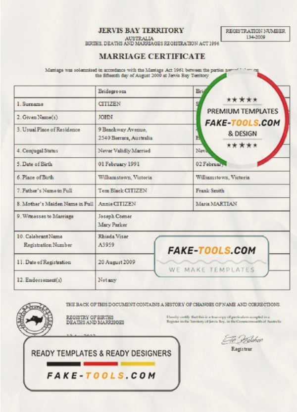 Australia Jervis Bay Territory marriage certificate template in Word format