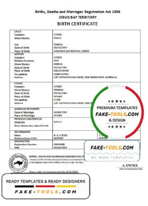 Australia Jervis Bay territory birth certificate template in Word and PDF format