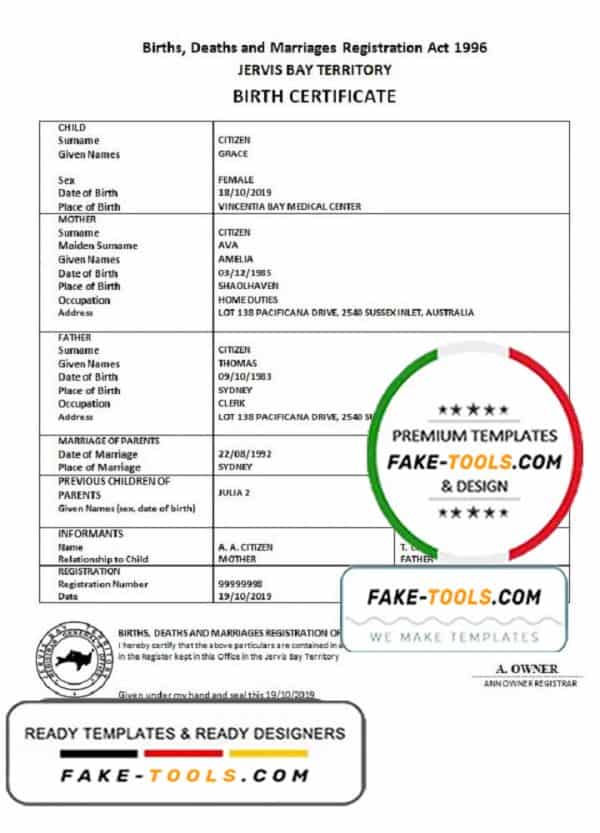 Australia Jervis Bay territory birth certificate template in Word and PDF format