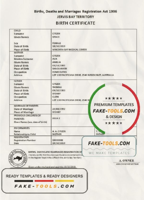 Australia Jervis Bay territory birth certificate template in Word and PDF format