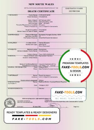 Australia New South Wales Death Certificate template in Word and PDF format