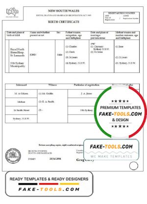 Australia New South Wales birth certificate template in Word format, version 1