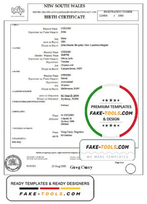 Australia New South Wales birth certificate template in Word format, version 2