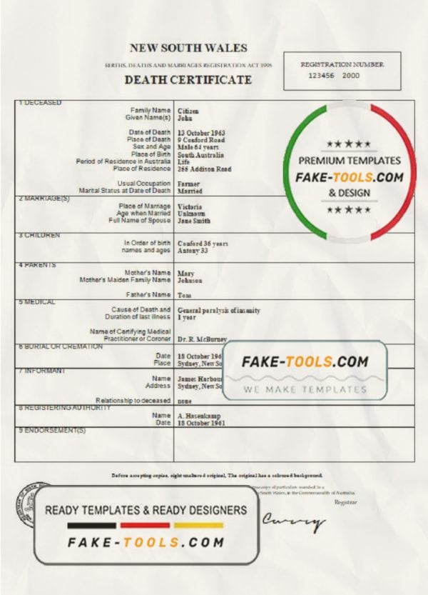 Australia New South Wales death certificate template in Word format