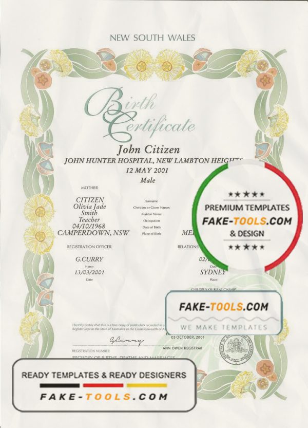 Australia New South Wales decorative (commemorative) birth certificate template in PSD format, fully editable