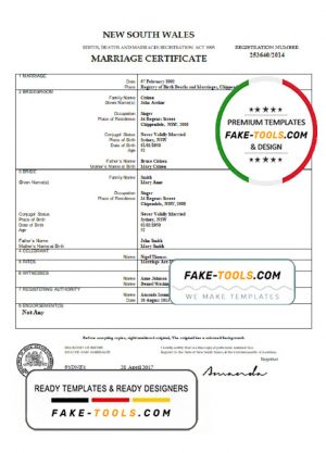Australia New South Wales marriage certificate template in Word format
