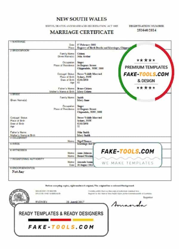 Australia New South Wales marriage certificate template in Word format