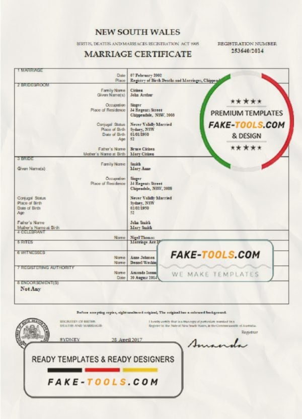 Australia New South Wales marriage certificate template in Word format