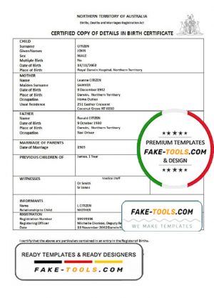Australia Northern Territory of Australia birth certificate template in Word format