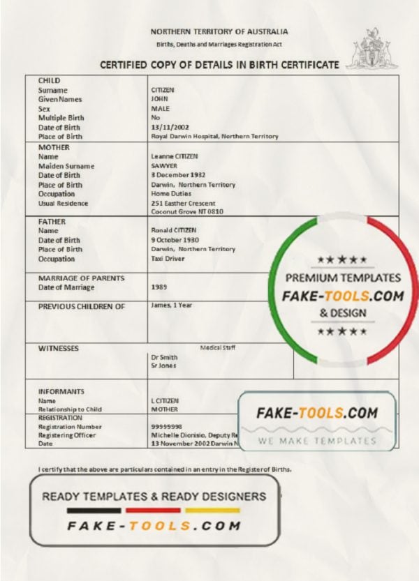 Australia Northern Territory of Australia birth certificate template in Word format