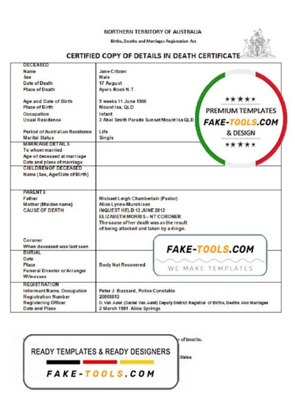 Australia Northern Territory of Australia death certificate template in Word format