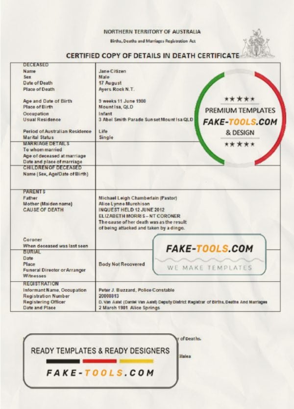 Australia Northern Territory of Australia death certificate template in Word format