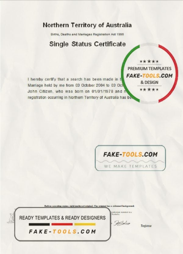 Australia Northern Territory of Australia divorce certificate template in Word format