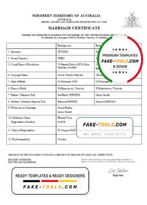 Australia Northern Territory of Australia marriage certificate template in Word format