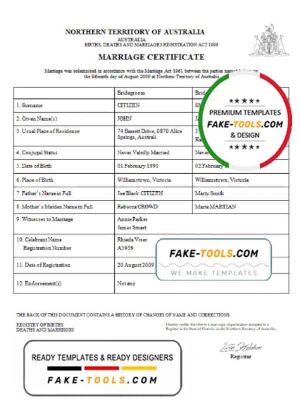 Australia Northern Territory of Australia marriage certificate template in Word format