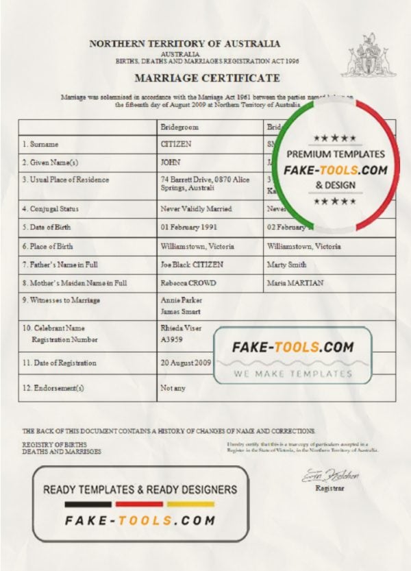 Australia Northern Territory of Australia marriage certificate template in Word format