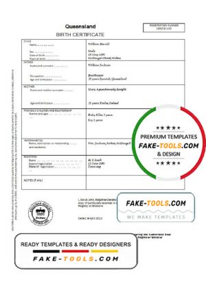 Australia Queensland birth certificate template in Word format