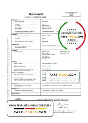 Australia Queensland death certificate template in Word format