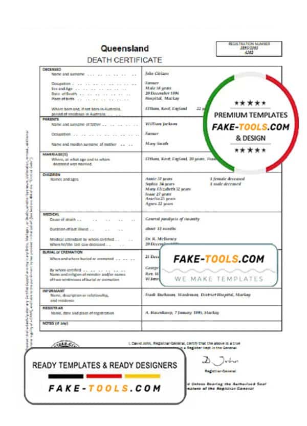 Australia Queensland death certificate template in Word format