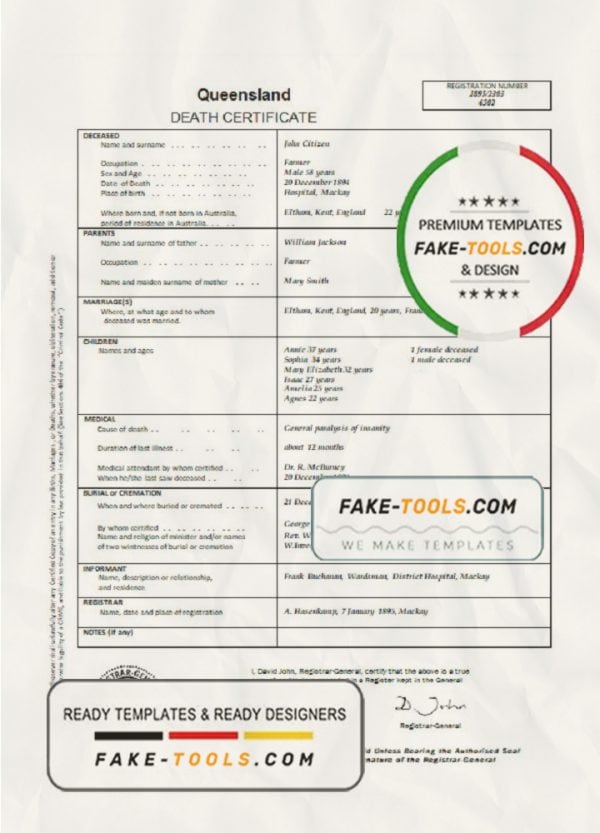 Australia Queensland death certificate template in Word format