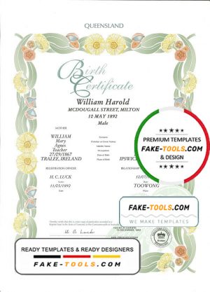 Australia Queensland decorative (commemorative) birth certificate template in PSD format, fully editable