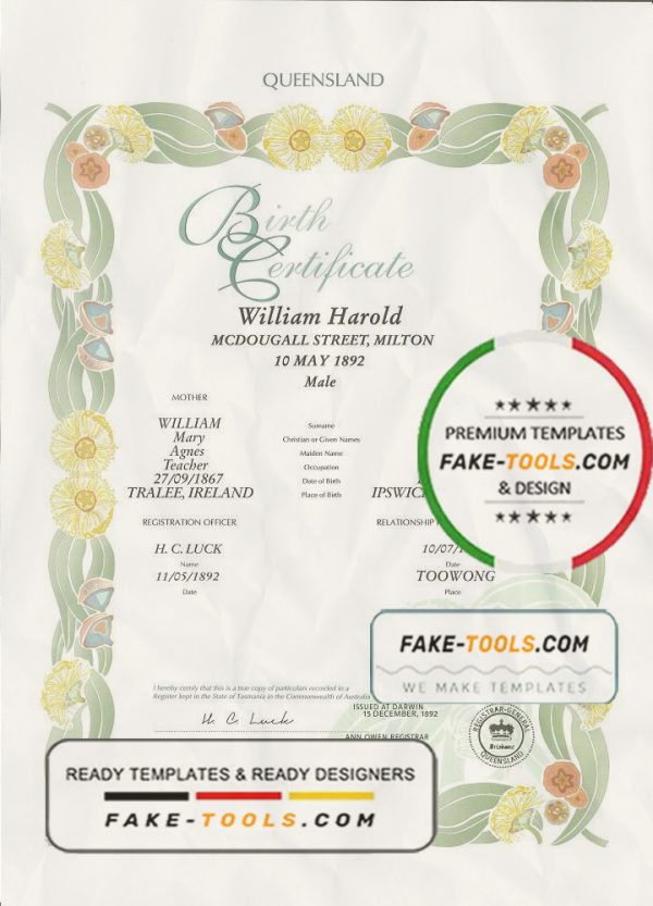 Australia Queensland decorative (commemorative) birth certificate template in PSD format, fully editable