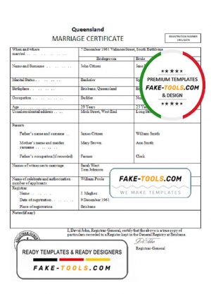 Australia Queensland marriage certificate template in Word format