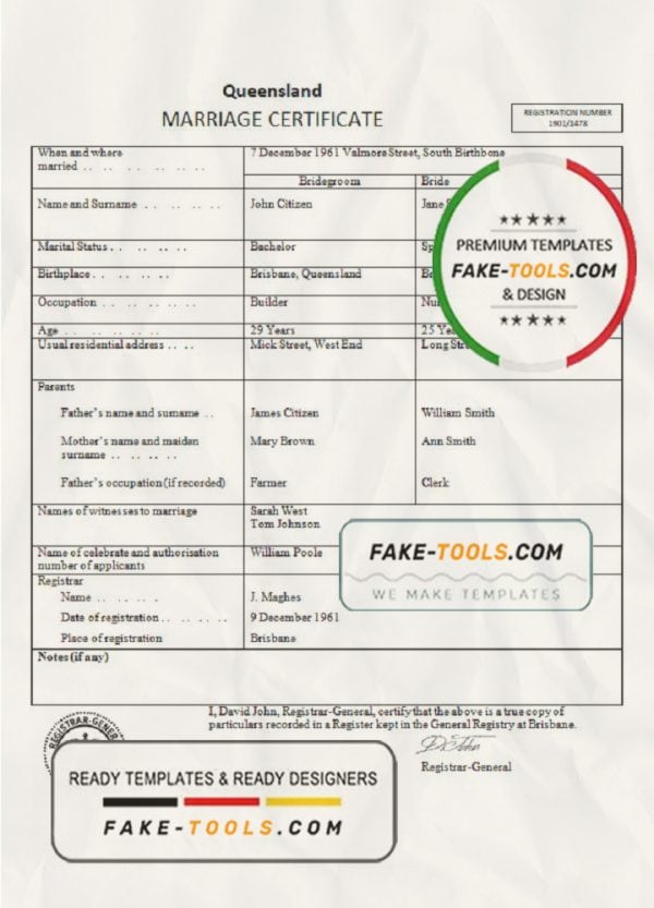 Australia Queensland marriage certificate template in Word format