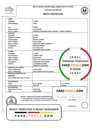 Australia South Australia birth certificate template in Word format, version 1