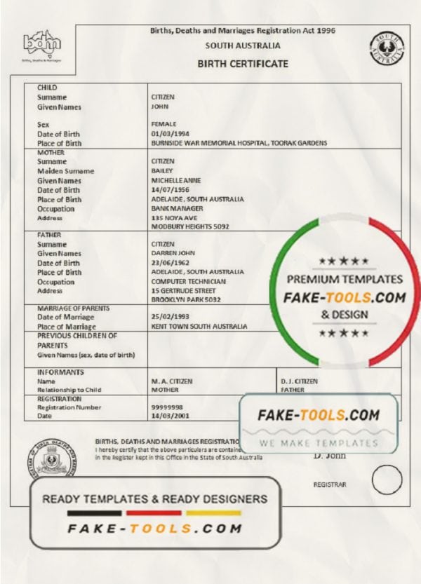 Australia South Australia birth certificate template in Word format, version 1