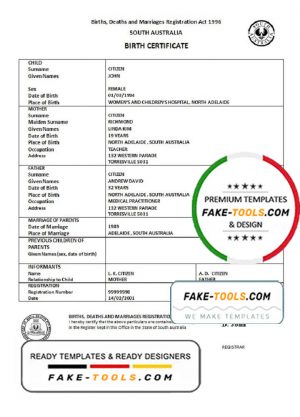 Australia South Australia birth certificate template in Word format, version 2