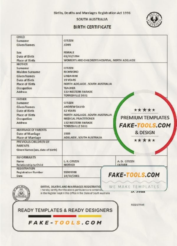 Australia South Australia birth certificate template in Word format, version 2