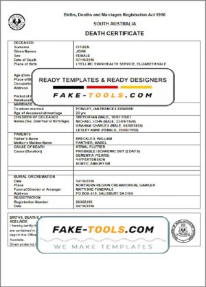 Australia South Australia death certificate template in Word format