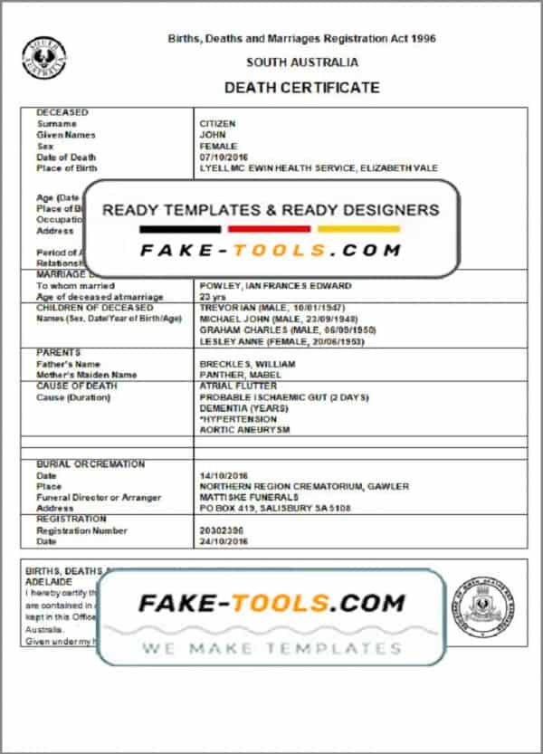 Australia South Australia death certificate template in Word format