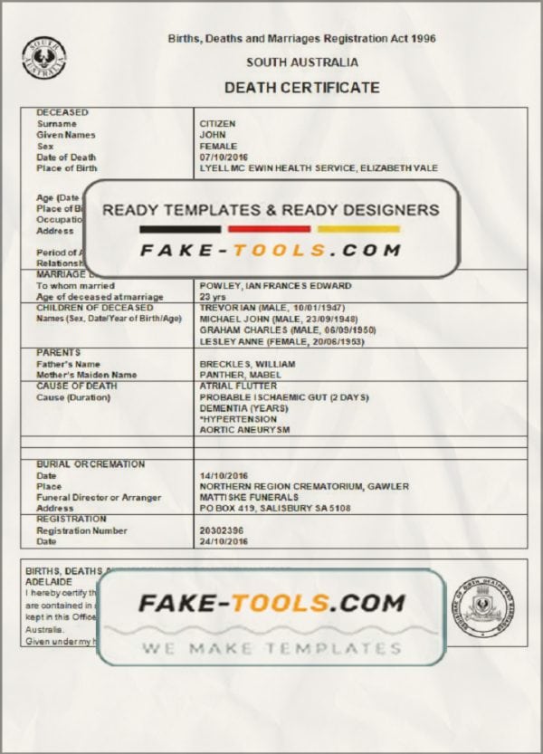 Australia South Australia death certificate template in Word format