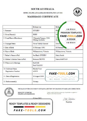 Australia South Australia marriage certificate template in Word format