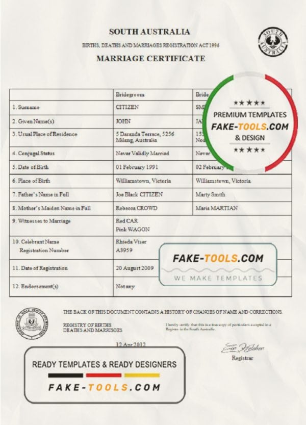 Australia South Australia marriage certificate template in Word format fake tools