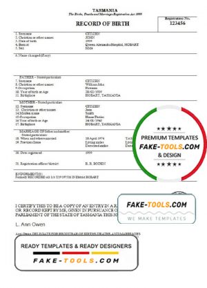 Australia Tasmania birth certificate template in Word format