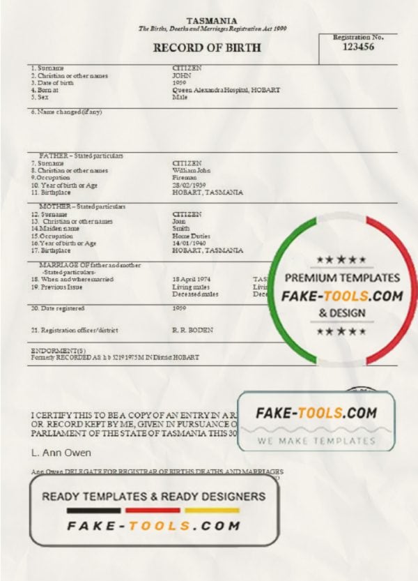 Australia Tasmania birth certificate template in Word format
