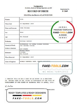 Australia Tasmania death certificate template in Word format