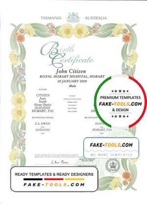 Australia Tasmania decorative (commemorative) birth certificate template in PSD format, fully editable